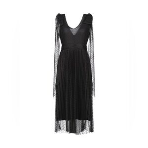 Black Sheer Polka Dot Pleated Midi Dress - V-neck Sleeveless Occasion Dress